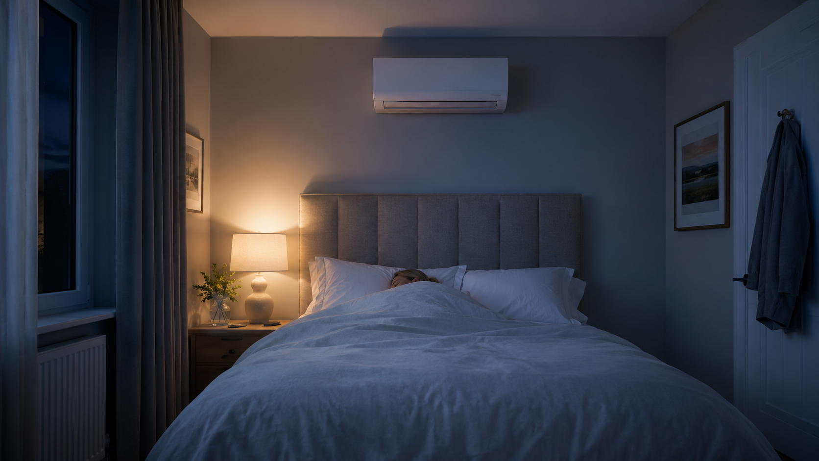 Loft-style bedroom at night with a wall-mounted air conditioning unit keeping the room cool for sleeping