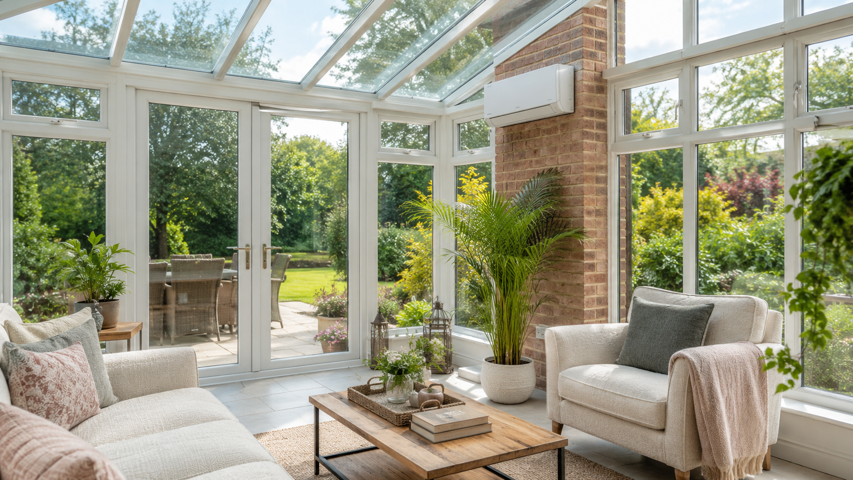 Bright glass conservatory with a wall-mounted air conditioning unit keeping the room cool in summer