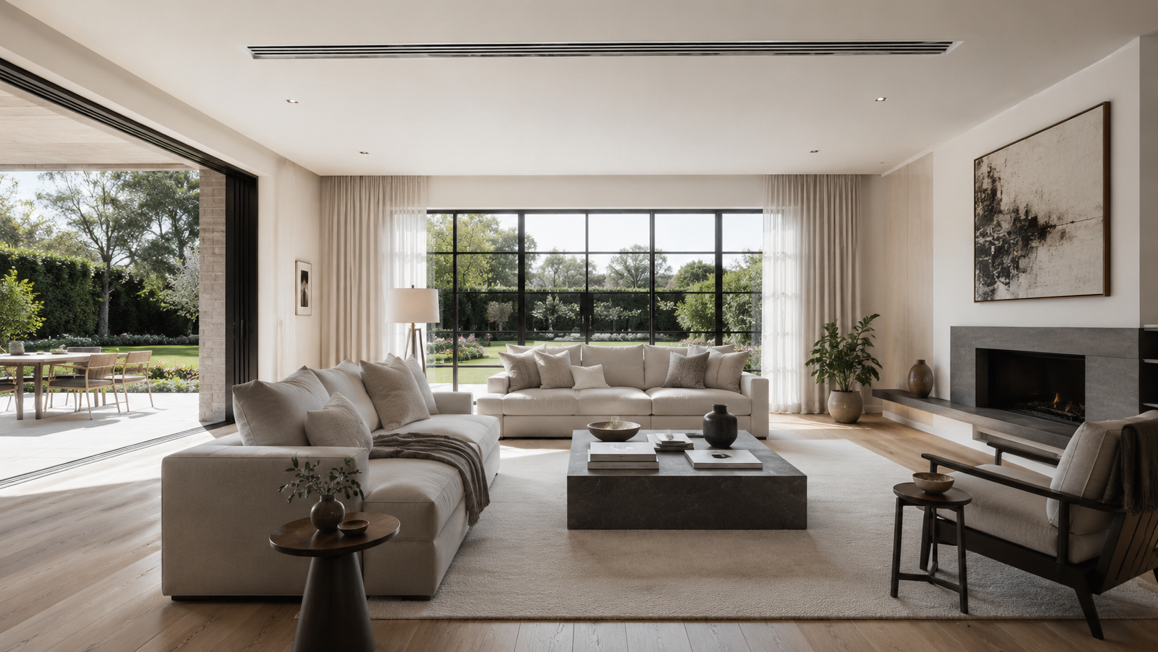 UK living room with a ducted air conditioning ceiling grille