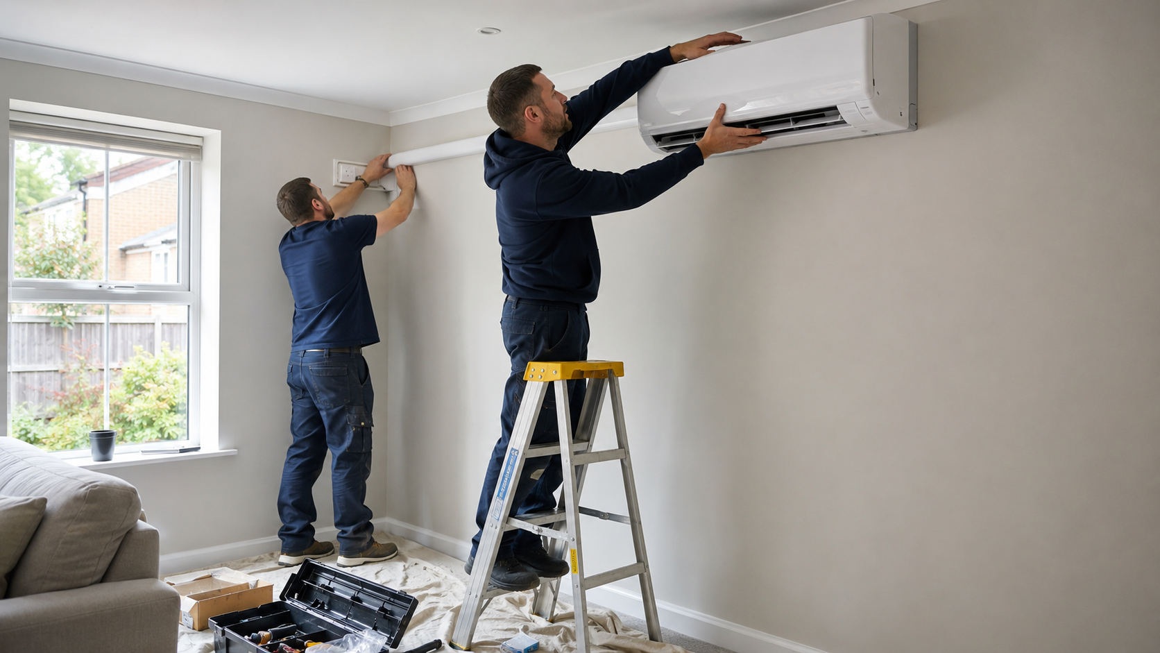 Installers fitting an air conditioning unit under time pressure