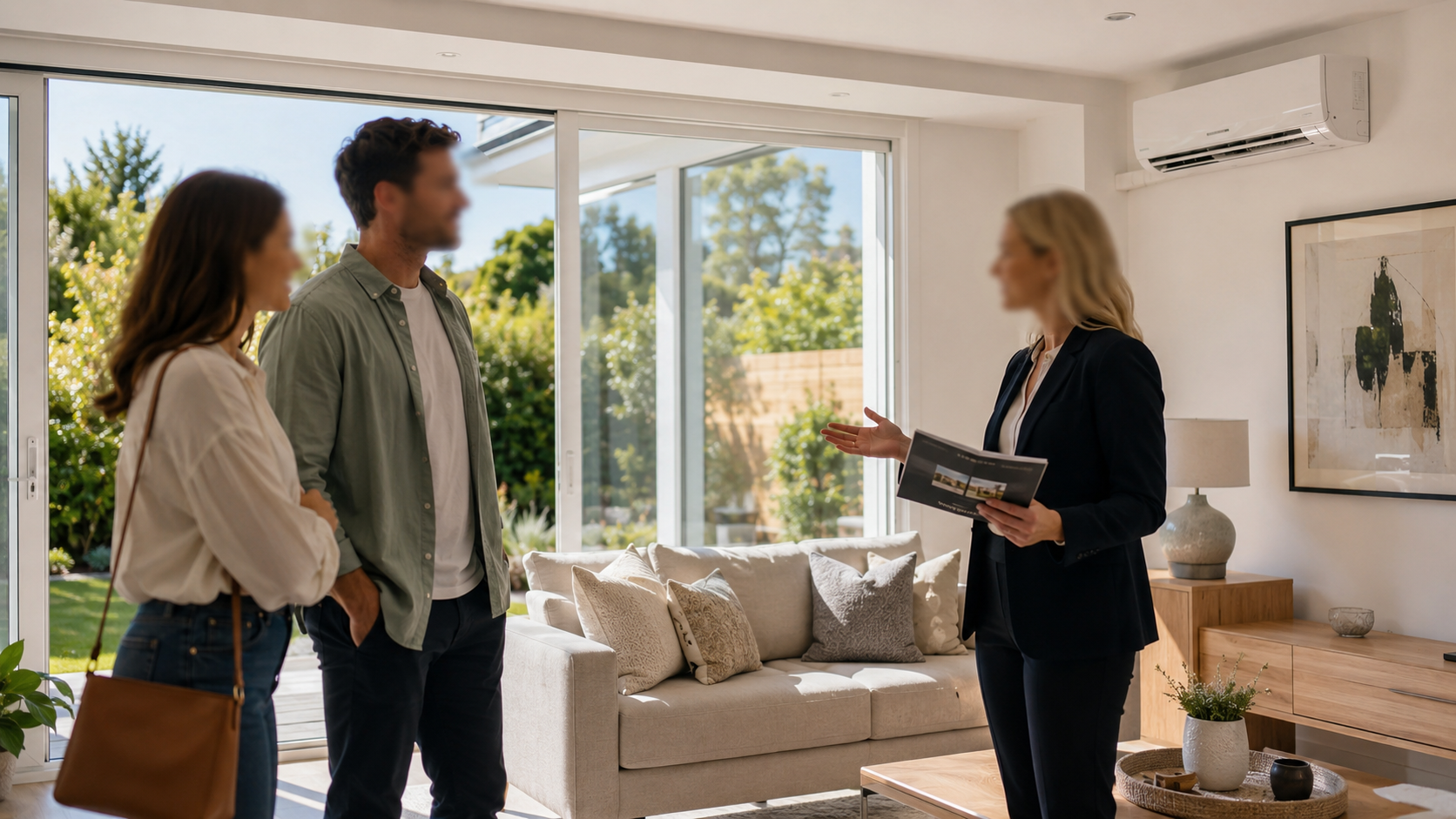 Estate agent showing a buyer around a living room with a wall-mounted air conditioning unit above the window