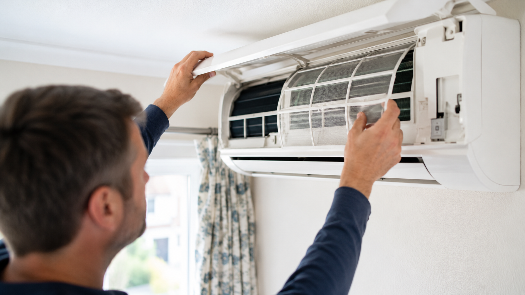 Cleaning an air conditioning filter as part of winter upkeep