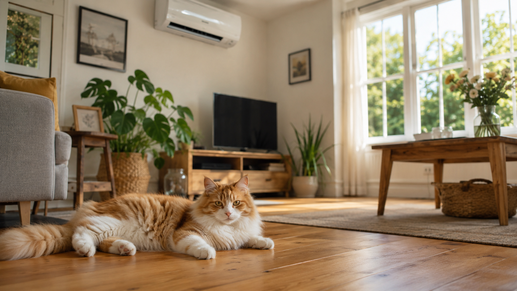 Ginger cat lounging in a UK living room cooled by a wall-mounted air conditioning unit