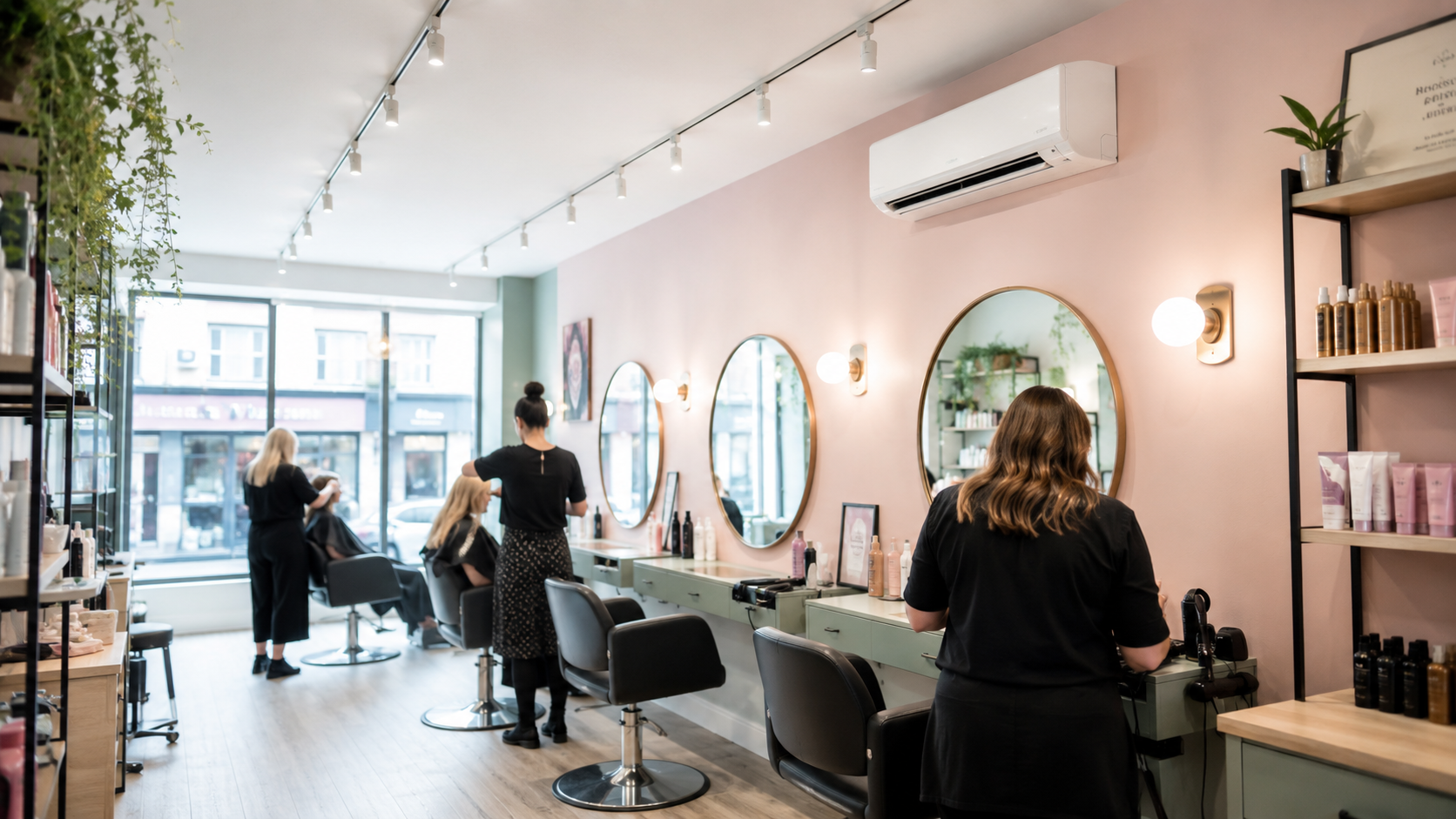 Wall-mounted air conditioning unit fitted in a high street hair salon