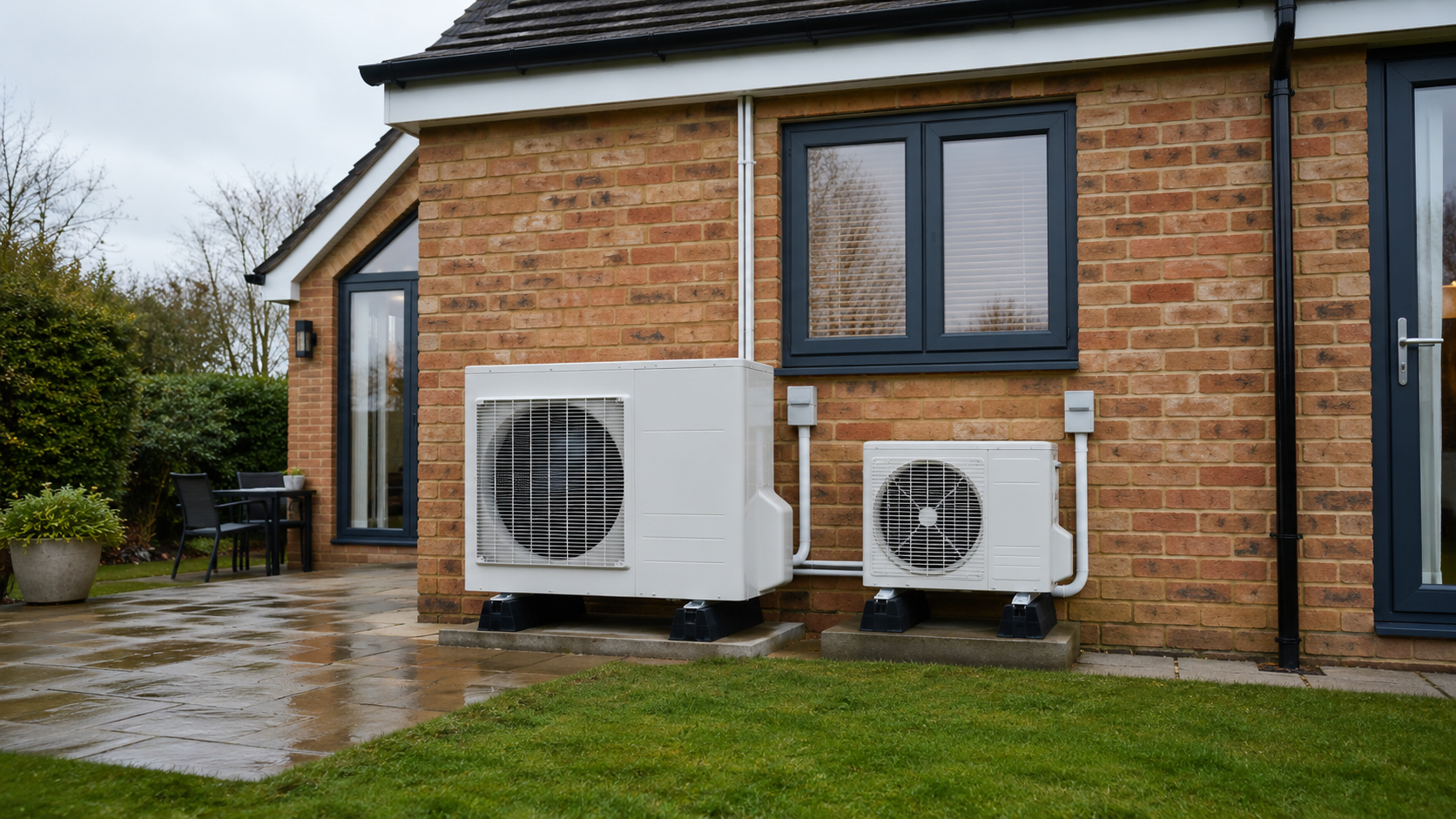 Air conditioning unit and heat pump shown side by side