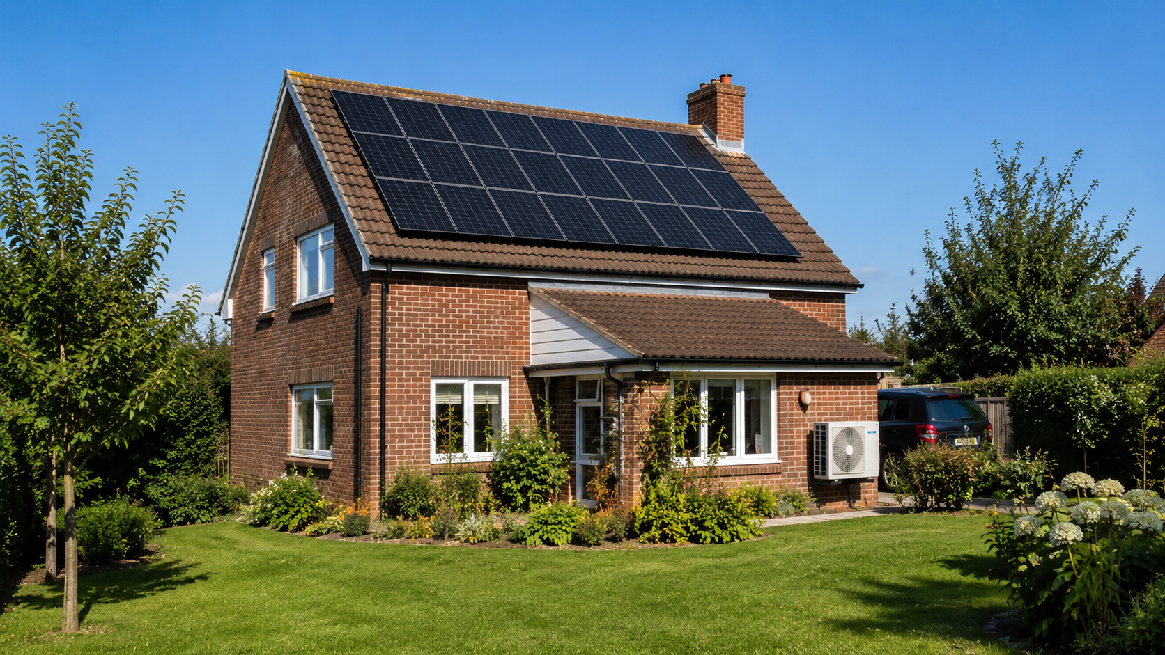 UK home with solar panels and an outdoor air conditioning condenser