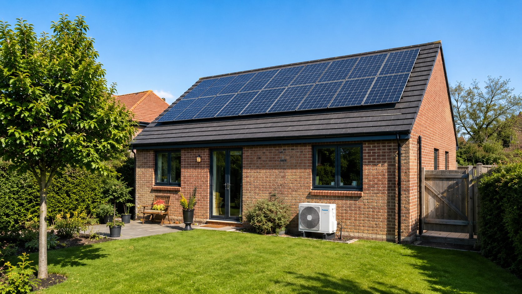 UK property exterior showing an air conditioning condenser fitted with landlord permission