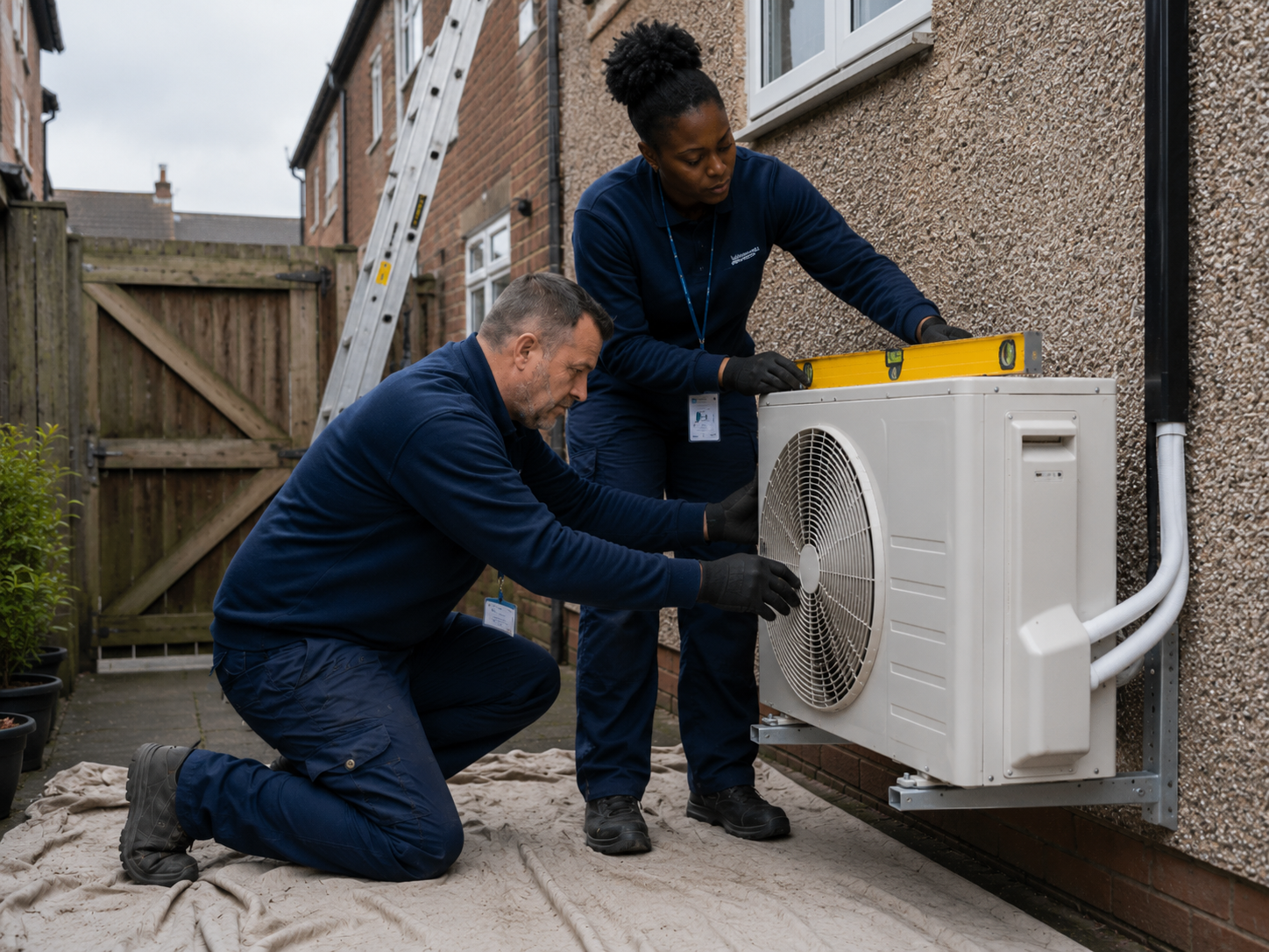 Two air conditioning installers in navy uniforms fitting an outdoor condenser to the wall of a UK terrace house