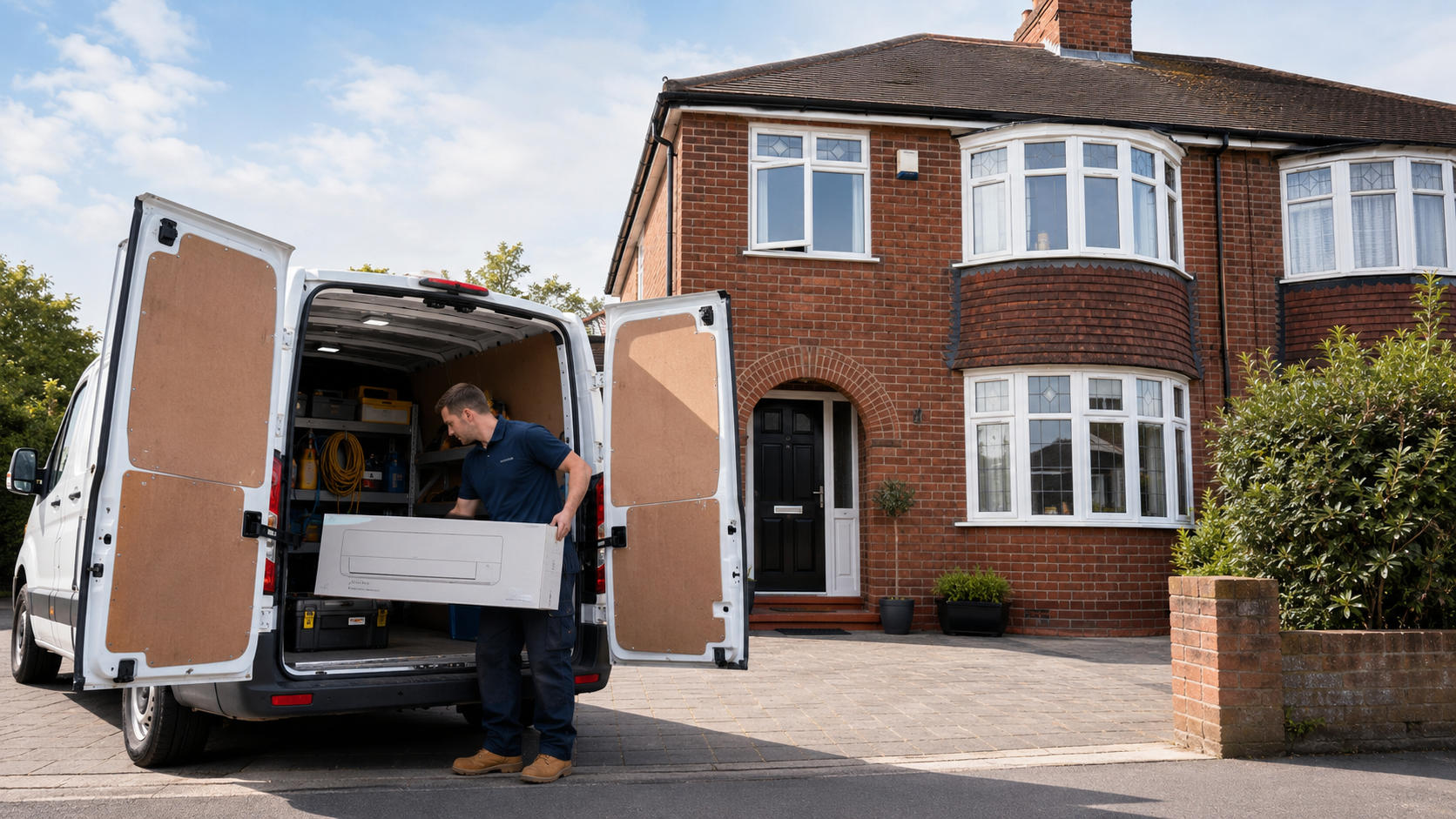 Installer van arriving at a UK home ahead of an air conditioning fit