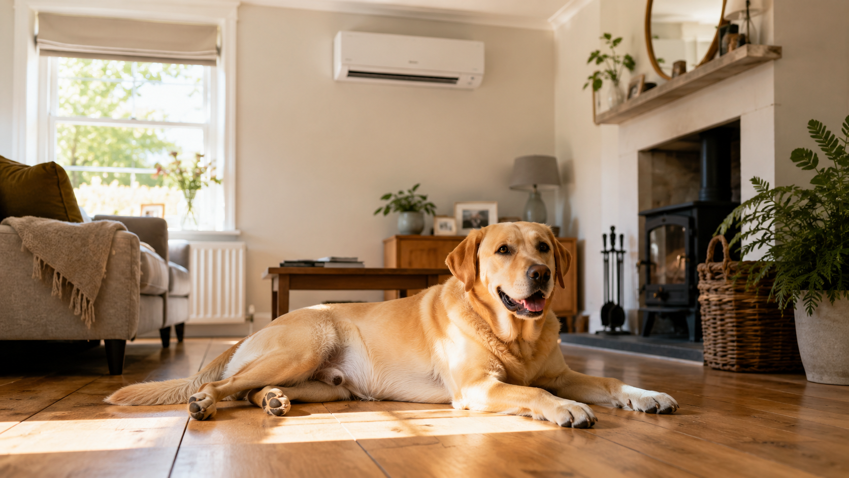 Labrador lying calmly on the floor of a cooled UK living room with a wall-mounted air conditioning unit above