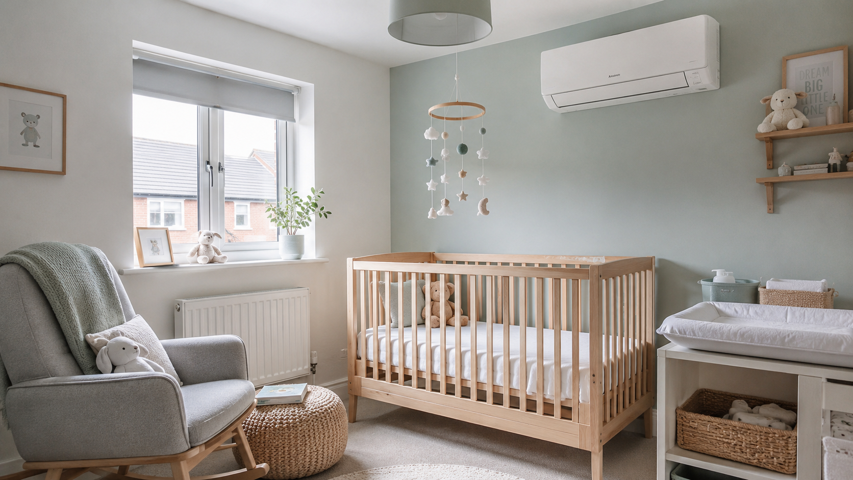 Sage green nursery with a wall-mounted air conditioning unit providing gentle heat