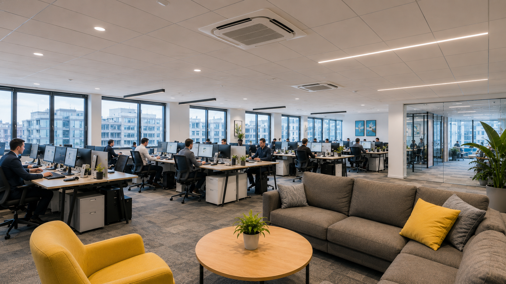 Open commercial floor space with a ceiling cassette air conditioning unit, similar to a gym cooling layout