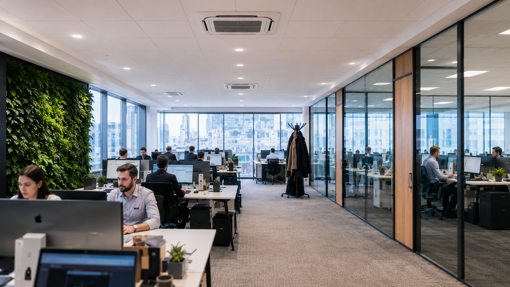 Open plan office interior with a wall-mounted air conditioning unit cooling the workspace