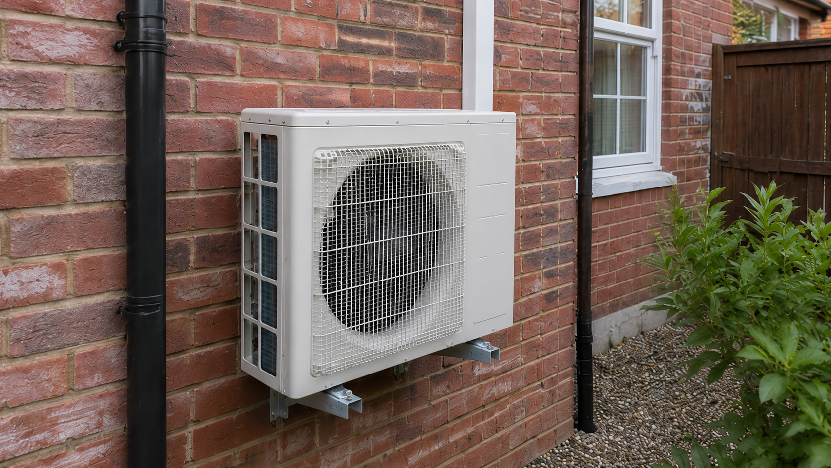 Outdoor air conditioning condenser unit mounted on a brick wall