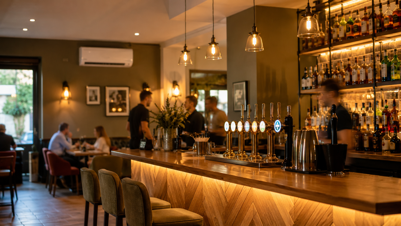 UK pub bar interior cooled by a commercial air conditioning system
