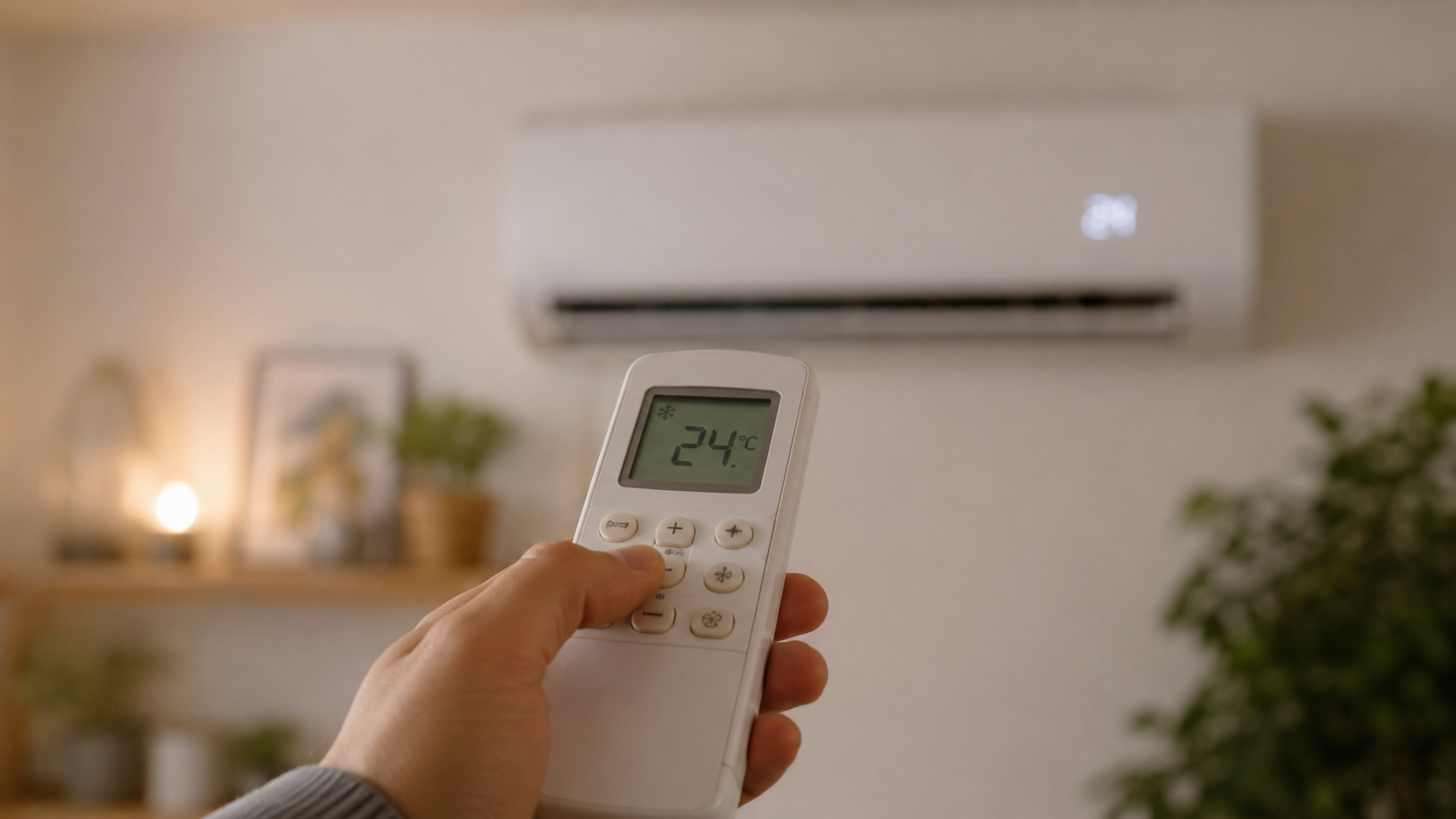 Close-up of an air conditioning remote control set to 24 degrees Celsius