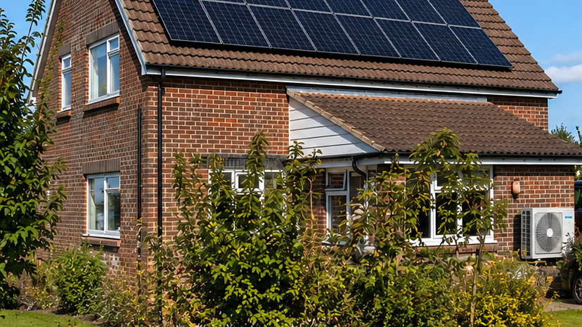 UK home with solar panels and an air conditioning outdoor unit
