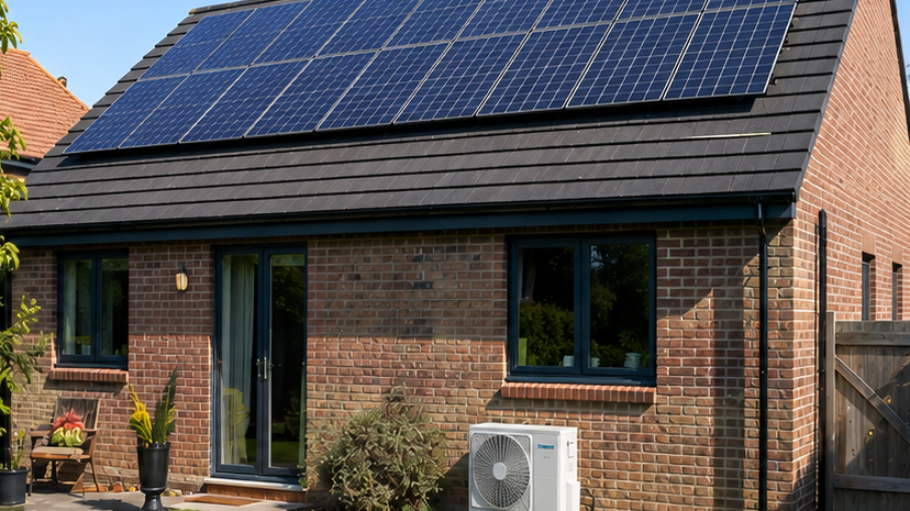 UK home with solar panels alongside an air conditioning system installed in spring