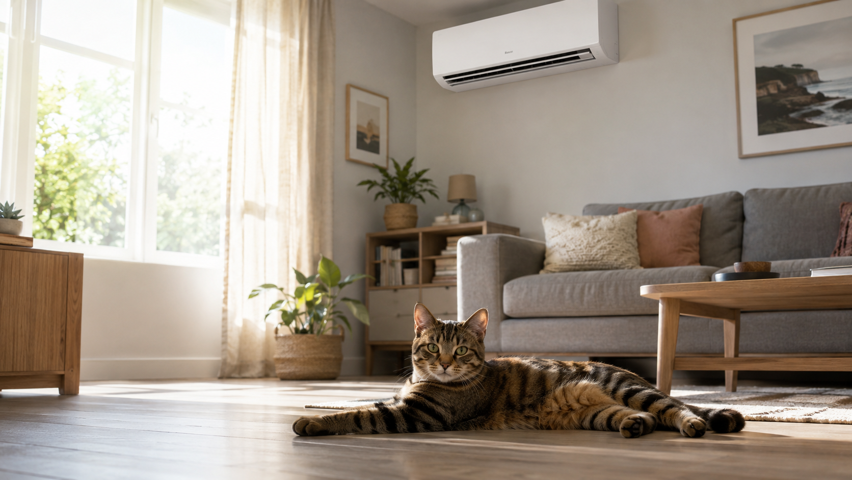 Tabby cat resting in a UK living room cooled by an air conditioning unit